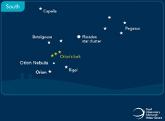 Starchart of the southern sky showing Orion, the Pleiades and Pegasus